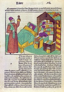 Le Livre des Proprietes des Choses、Barthelemy lAnglais、1485年（カラーの木版画）の医師と薬剤師がいる患者 作： French School