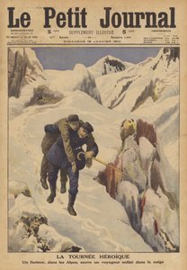 アルプスで雪に埋もれた旅行者を助ける郵便配達員（カラーリトグラフ 作： French School