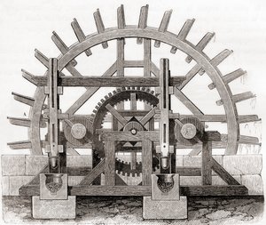 19世紀に描かれた粉ひき機とその水車（1870年頃出版の『科学の傑作』より）（エングレーヴィング