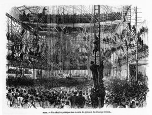 パリのシャンゼリゼ通りの体育館ホールで行われた市民集会 - "La Presse illustrée" n¡104, 30/10/1869, coll.セルバ。 作： French School