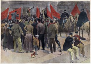 モンソー・レ・ミン（ソーヌ川とロワール川）の市庁舎前で行われたグレヴィストの市民集会。Le pelerin "の1901年8月9日号。セルバ・コレクション。 作： French School