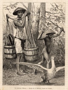 バケツや籠を運ぶハティエン（ベトナム）の住人と、棒でガチョウを狩る子供。1872年にモリス医師がコチンチンへの航海を描いたロビンの絵の後に彫られたもので、1875年にE編集の「Le tour du monde」に掲載された。 作： French School