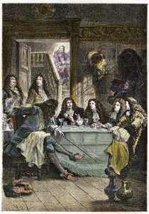 フランスの作家Jean de La Fontaine（1621-1695）、Nicolas Boileau-Despreaux（Boileau Despreaux）（1636-1711）、劇作家Jean Baptiste Poquelin dit Moliere（1622-1673）、詩人Jean Racine（1639-1699）を集めたサロン（Cabaret） - La Fontaine, Boilea 作： French School