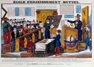 1815年頃にフランスで導入された相互教育の学校。19世紀パリのカルナヴァレ美術館のエングレーヴィング。 作： French School