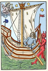 海の危険の中にある船。船首には悪魔が、左側には神が姿を現している。羊飼いたちの大いなる暦と堆肥』からのエングレーヴィング、トロワ 1491年