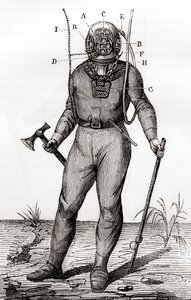 1855年にジョセフ・マルタン・カビロールが特許を取得した標準的なダイビングスーツ（1870年頃に出版された「Les Merveilles de la Science」より）（彫刻 作： French School