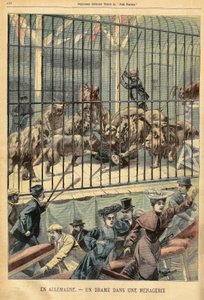 ドイツ・デッサウの動物園で、飼い主が自分のライオンに食われている。1903年12月27日、「Le Petite Parisien」誌に掲載された版画。 作： French School