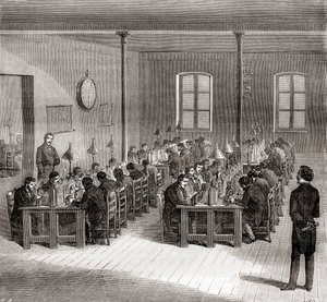1870年頃のフランス・パリの電信局。1870年頃に出版された『Les Merveilles de la Science』より(engaving)