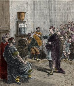 アテネの水時計（クレプシドラ） - 古代ギリシャ - la clepsydre a Athenes - Alexis Clercによる「すべての人の門前に置かれた科学 - 物理学と化学」のエングレーヴィング - 19世紀末 - 個人蔵 作： French School