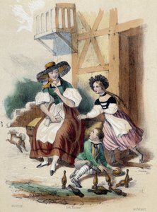 ボウリングをする女性と2人の子供。M.E.Fouinetの "Les twelve Nations "に描かれたスイスのイラスト。 作： French School