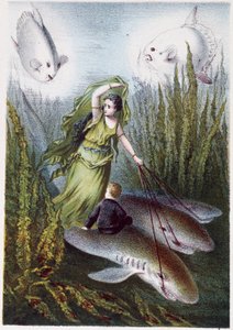 サメに乗って巨大魚から逃げる女性と少年 - H・ド・ラ・ブランシェール著『海の底への旅』所収。Paris, ed.Jouvet et Cie, sd.1880.(double 02944) 作： French School