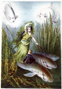 サメに乗って巨大魚から逃げる女性と少年 - H・ド・ラ・ブランシェール著『海の底への旅』所収。Paris, ed.Jouvet et Cie, sd.1880. 作： French School