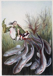 サメに率いられた水槽の上の女性と少年-H.ド・ラ・ブランシェール著『海の底への旅』所収。Paris, ed.Jouvet et Cie, sd.1880.(double 02946) 作： French School
