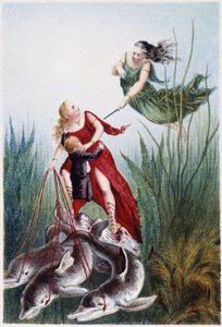 イルカに率いられた少年と別の女性を襲う女性-H.ド・ラ・ブランシェール著『海の底への旅』所収。Paris, ed.Jouvet et Cie, sd.1880.(double 02947) 作： French School