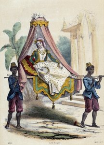 M.E.Fouinetの "The twelve Nations "の中の "Asia "の挿絵にある、2人の召使によって輿に乗せられた女性 作： French School