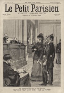 法廷で "Vive la France!"と叫んだドイツ人判事の前にいるアルザス・ロレーヌ地方の女性。(エングレービング) 作： French School