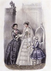 ウェディングドレスを着た女性が少女と淑女に囲まれている様子 - 1852年の「Journal des Demoiselles」に掲載されています。 作： French School