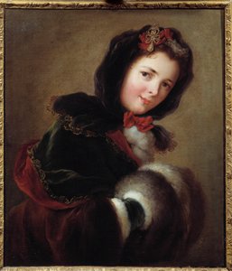 袖とケープで冬の装いをする少女。フランス派の絵画 作： French School