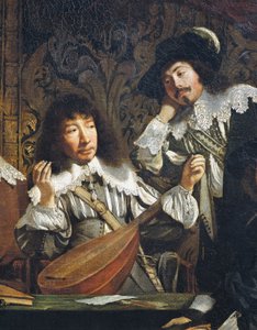 音楽アカデミー、またはアマチュアの会合、1640年頃、フランス派の無名のアーティストによる、リュートのチューニングの詳細、油彩・キャンバス 作： French School