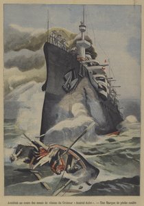 フランスの装甲巡洋艦「アドミラル・オーブ」によるスピードテスト中の漁船の沈没事故（カラーリトグラフ