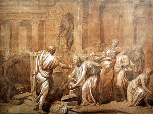 娘たちが発見したアキレスの鎧、1790年頃（ペン＆インク、セピアウォッシュ、紙）