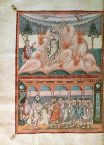 追加 10546 f.25b 聖マルティンのカロリング修道院で照らされた Moutier-Grandval 聖書から、シナイ山で神の律法を受け取って伝達するモーセ、トゥール、c.834-843 (ベラム) 作： French School