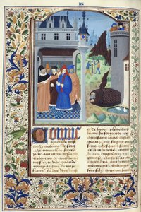 追加。 11696、f.136v 拷問を観察するボッカチオ、「Le Livre des Cases des Nobles et Illustres Hommes」より、Giovanni Boccaccio、c.1470（ベラムにインク、色、金） 作： French School