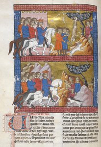 追加。 15268、f.75v オイディプス、コリントスの王ポリバスによって発見、「Le Livre des ansienes estoires」のイラスト、1285 年頃（ベラム） 作： French School