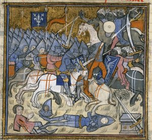 追加。 15269、f.124v サラセン人と戦う十字軍、「Chroniques de France ou de St Denys」のイラスト（ベラムにインク、色、金）