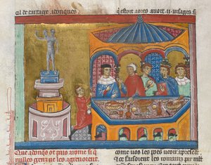 追加。 MS 15268、フォル。 242v 「古代史からカエサルまで」から上院議員が前景で食事をするヤヌス神殿 (ベラム) 作： French School