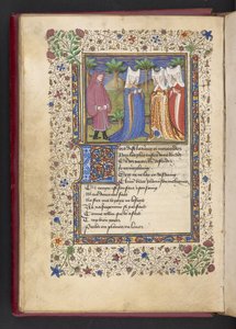 Add MS 21247 f.40v アラン・シャルティエ作「Le livre des quatre dames」より紳士と三人の淑女 (ベラム紙にインク、カラー、ゴールド) 作： French School