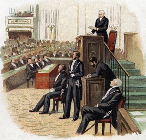 1872年、国民議会の演壇に立つ共和国大統領アドルフ・ティエール（1797-1877） - 20世紀初頭のクロモリ（Chromolithography）。 作： French School