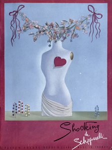 スキャパレリの香水「ショッキング」の広告、「ヴォーグ」誌1938年11月号のイラスト（カラーリトグラフ） 作： French School