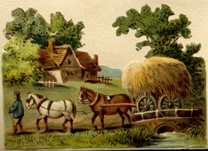 農村の風景を描いた彫刻が施されたクロモリソグラフの広告、ストローのカートを引っ張っている農夫が率いる2頭の馬 作： French School