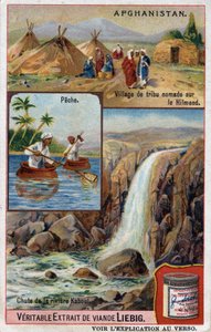 アフガニスタンのヒルメンドの遊牧民の村、漁師、カブール川の落差を描いた広告カード。19世紀のクロモリトグラフ。 作： French School