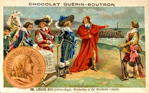 チョコレートの広告クロモリトグラフィー1610年から1643年までフランスのルイ13世の王、ゲリン・ブトロン。ラ・ロシェルのリシュリュー1696