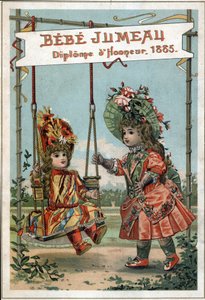 ツインハウスの1885年のツイン人形の広告。Beaux Bebesの製造のための世界初のマニュファクチャリング）。 作： French School