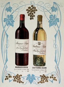ワイン「Margaux-Bijon」（マルゴー・ビジョン）および「Sauternes-Bijon」（ソーテルヌ・ビジョン）の販売に関する広告、12本で25frs、25本で50frs。 作： French School