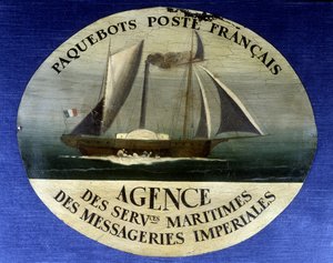フランスのメールライナーの広告サイン、帝国のクーリエの海事サービスの代理店 - 木の上の絵画、19世紀後半 作： French School