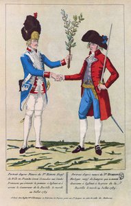 擲弾兵ハーン氏と時計職人ウンベルト氏の自然肖像画。1789年7月14日のバスティーユ攻略の際、最初に襲撃された人物。1790年のエングレーヴィング。 作： French School
