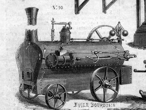 農業機械：1860年のパリ農業競技会で発表されたロコモービル。1860年7月7日付の "Le Monde Illustré "169号に掲載された図版。 作： French School