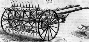 農業機械：1860年のパリ農業競技会で発表された英国製ダブルアクションテダー。1860年7月28日付 "Le Monde Illustré "172号に掲載された図版。 作： French School