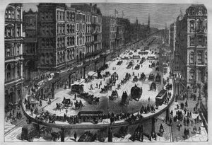 アメリカの都市にあるエアライン・レールウェイ。La republique illustree "の個人コレクションにある1880年のエングレーヴィング。 作： French School
