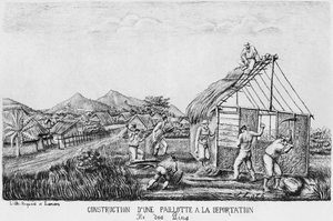 パインズ島のアルバム、強制送還者による麦わら小屋の建設、1878〜79年 作： French School