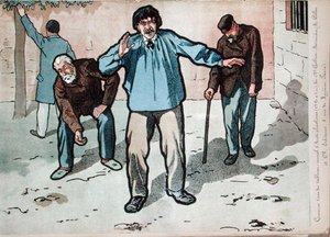 貧民街のアルコール依存症者たち ガルティエ・ボワシエール博士がアルコール依存症の危険性を訴えた壁画の一部をコピーしたもの 19世紀末（カラーリトグラフ） 作： French School