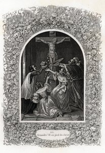 キリストの足元にいるアレクサンダー7世（アレキサンダーまたはアレッサンドロ）（教皇1655年から1667年）。モーリス・ラシャトレ（1814-1900）の『教皇列伝』の挿絵、パリのリブレリー・デュ・プログレ。 作： French School