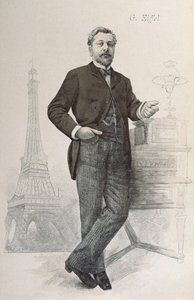 アレクサンドルギュスターヴエッフェルが机でポーズをとるエッフェル塔の絵で、1888年のラレヴューイラストレーターのイラスト 作： French School