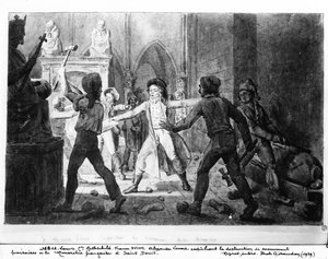 1793年のサンドニ教会でのフランス君主制の王家の墓の破壊に反対したアレクサンドルレノア（1761〜1839年）（ペンとインクで紙を洗う） 作： French School