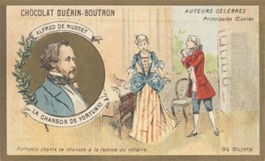 アルフレッド・ド・ミュセット（1810-1857）、ロマン派時代のフランス人作家、「シャンソン・ド・フォルトゥニオ」の作者、詩（1852） 作： French School