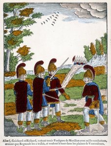 アラール、ギシャール、リシャールの3人は、モリヨンのクートが1,000人の兵士を引き連れてやってくるのを見て、レグノートが自分たちを裏切ったと考え、ヴォークールの平原で彼を殺そうとする。1の終わりから叙事詩の一場面を描いた1825年のエピナルの画像 作： French School